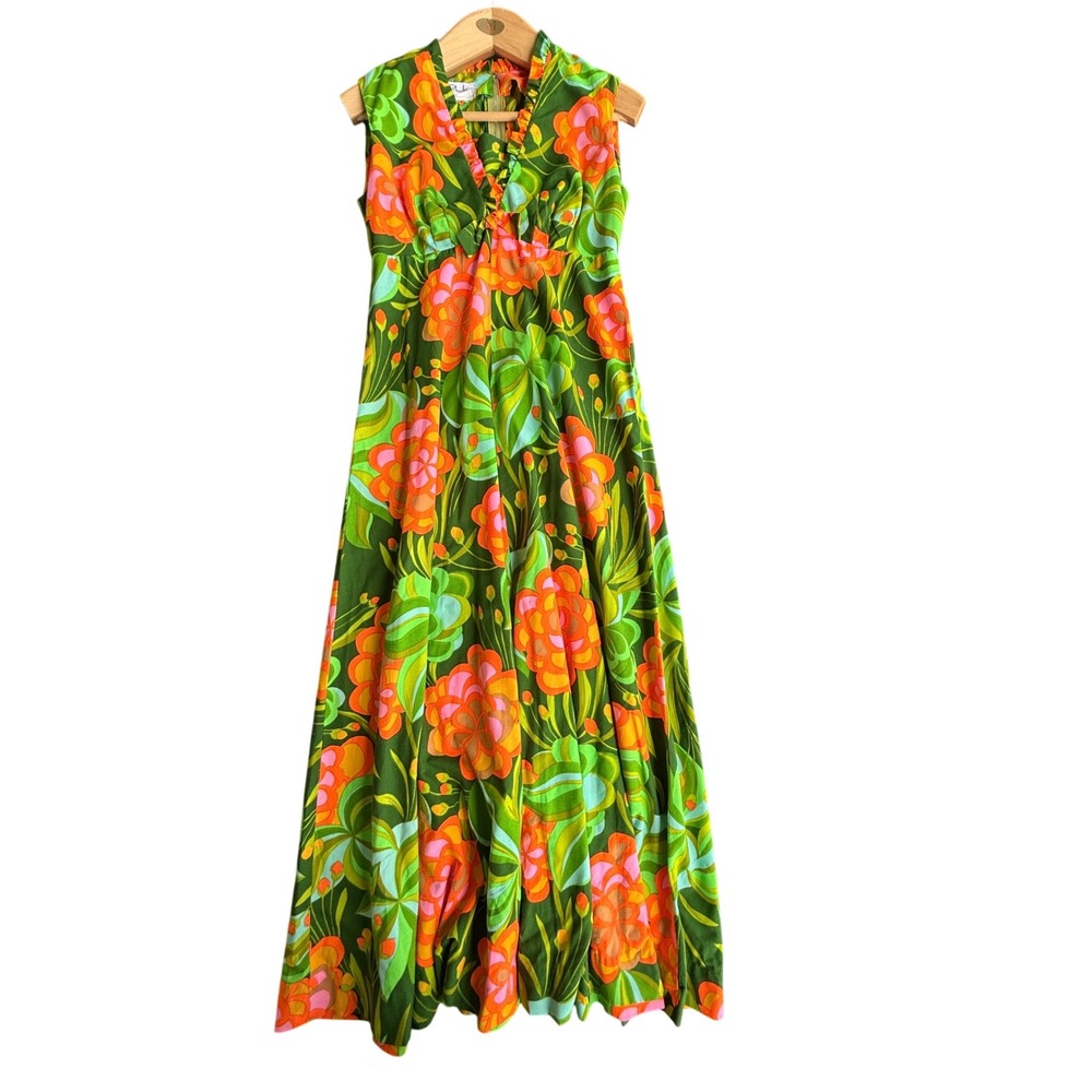 Vintage Pikake Fashions Hawaiian Maxi Dress Floral Hostess MuuMuu Hawaii Fits M